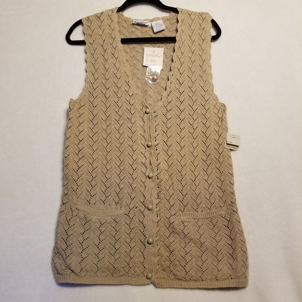 Capacity M Sweater Vest Tan Cotton Blend Crochet Bohemian Sheer Boho Vintage NEW